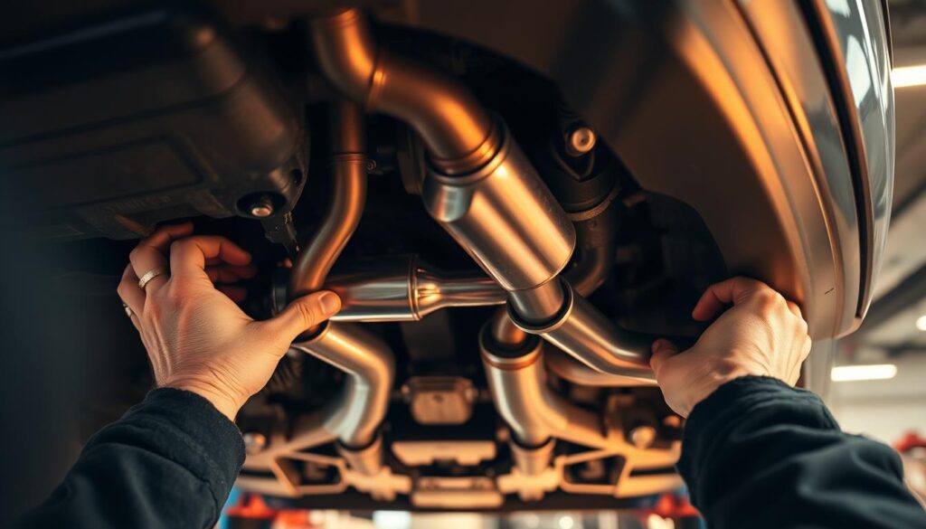 Detailed close-up of a mechanic's hands inspecting the undercarriage of a car, focusing on the exhaust system. The scene is illuminated by a warm, diffused light, creating a sense of focus and clarity. The exhaust pipes, catalytic converter, and muffler components are prominently featured, showcasing their intricate construction and potential wear points. The image captures the technical expertise and attention to detail required for proper exhaust system maintenance, with a sense of professionalism and care. Detailed close-up of a mechanic's hands inspecting the undercarriage of a car, focusing on the exhaust system. The scene is illuminated by a warm, diffused light, creating a sense of focus and clarity. The exhaust pipes, catalytic converter, and muffler components are prominently featured, showcasing their intricate construction and potential wear points. The image captures the technical expertise and attention to detail required for proper exhaust system maintenance, with a sense of professionalism and care.
