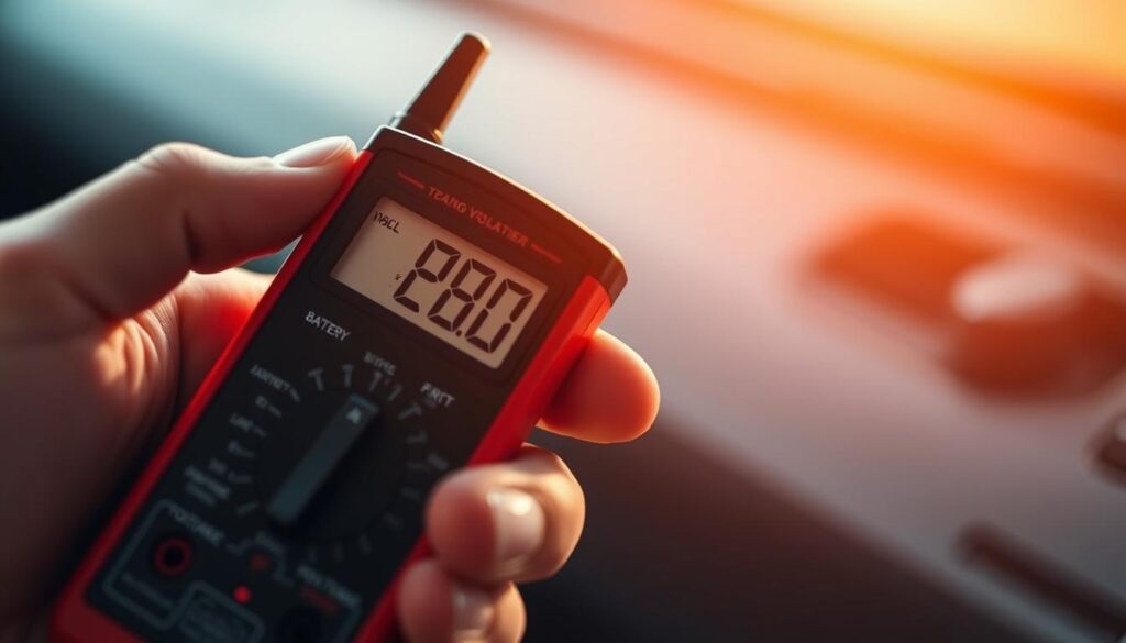 Detailed close-up of a person's hand holding a digital multimeter, displaying the battery voltage reading. Soft, warm lighting illuminates the scene, creating a sense of focus and clarity. The meter's display is prominently featured, with the numbers and indicators clearly visible. The background is slightly blurred, emphasizing the main subject. The image conveys a sense of troubleshooting and problem-solving, suitable for an article on fixing car starter issues.