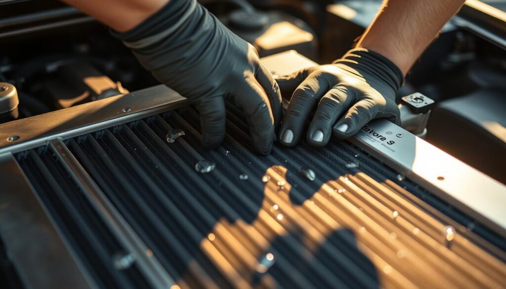 Detailed close-up view of a person's hands inspecting the radiator of a car engine. Warm afternoon sunlight filters through the engine bay, casting soft shadows. The radiator's metal surfaces gleam with a polished finish, and water droplets cling to the fins. A pair of gloved hands gently touch the radiator, checking for signs of damage or leaks. The background is slightly blurred, focusing the viewer's attention on the radiator and the hands performing the inspection.