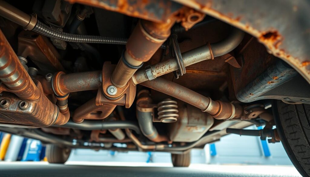 High-resolution, detailed image of automotive rust prevention, showcasing a car's underbody with a focus on the rust-prone areas. The image should depict a well-lit, close-up view, highlighting the various components and surfaces susceptible to rust, such as the wheel wells, suspension parts, and exhaust system. Capture the metallic textures, discoloration, and potential signs of corrosion to illustrate the importance of proper rust prevention measures. The overall mood should convey a sense of understanding the causes of car rust, with a technical and informative visual style that aligns with the article's subject matter.