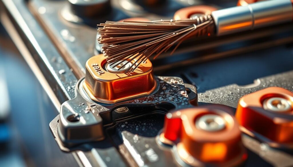 Pristine car battery terminals, gleaming against a crisp, well-lit backdrop. Intricate close-up, capturing the metallic luster and precise geometry of the terminals. Grime-free surfaces, meticulously cleaned with a wire brush, revealing the underlying copper hue. Subtle shadows cast by the terminals, accentuating their dimensional depth. A sense of order and attention to detail, conveying the importance of proper battery maintenance. Warm, natural lighting illuminates the scene, creating a mood of diligence and care. The image offers a clear, unobstructed view, focusing solely on the task at hand - cleaning and preserving the battery's vital components.