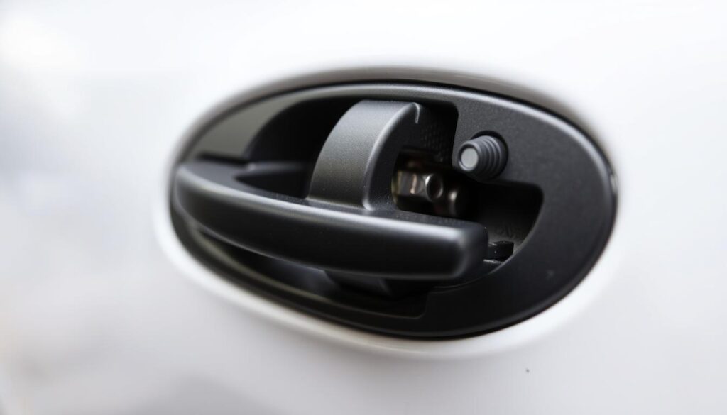 a close-up shot of a car door handle being removed, showing the intricate steps involved in the process. The image should have a clean, well-lit background, with the door panel and handle highlighted in sharp detail. The handle should be partially detached, revealing the underlying mechanism and mounting points. The scene should convey a sense of focus and precision, as if capturing a specific step in a tutorial or DIY guide. The lighting should be soft and directional, creating subtle shadows and highlights to emphasize the texture and depth of the components. The overall mood should be informative and instructional, encouraging the viewer to understand the technical aspects of door handle removal. a close-up shot of a car door handle being removed, showing the intricate steps involved in the process. The image should have a clean, well-lit background, with the door panel and handle highlighted in sharp detail. The handle should be partially detached, revealing the underlying mechanism and mounting points. The scene should convey a sense of focus and precision, as if capturing a specific step in a tutorial or DIY guide. The lighting should be soft and directional, creating subtle shadows and highlights to emphasize the texture and depth of the components. The overall mood should be informative and instructional, encouraging the viewer to understand the technical aspects of door handle removal.