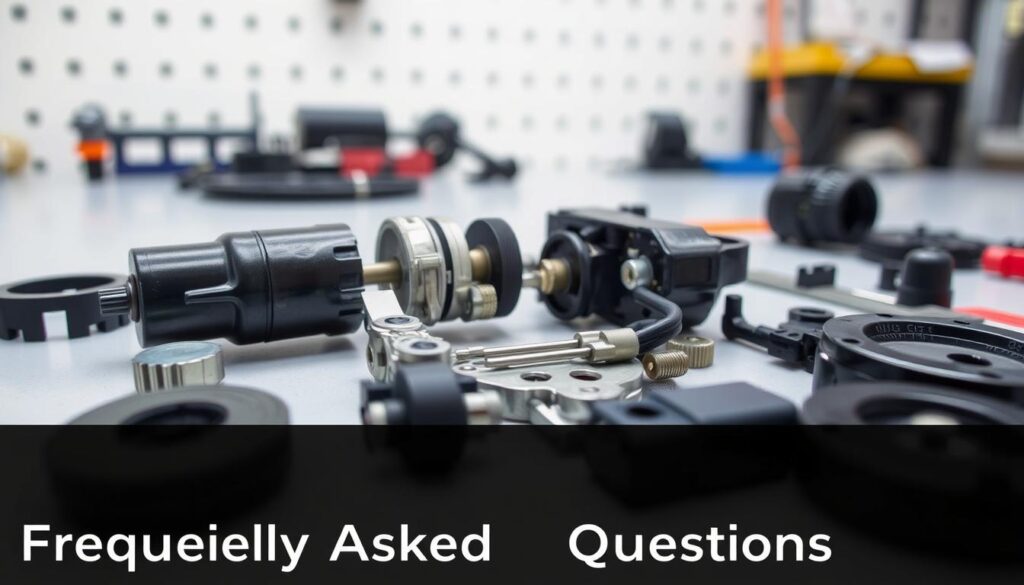 a close-up view of a car door lock actuator, disassembled and laid out on a clean, well-lit workbench. The actuator components are clearly visible, including the electric motor, gears, and linkages. The background is slightly blurred, emphasizing the actuator as the focal point. The lighting is soft and even, creating a sense of clarity and detail. The image conveys a technical, problem-solving atmosphere, suitable for a "Frequently Asked Questions" section in a DIY guide on replacing a car door lock actuator.