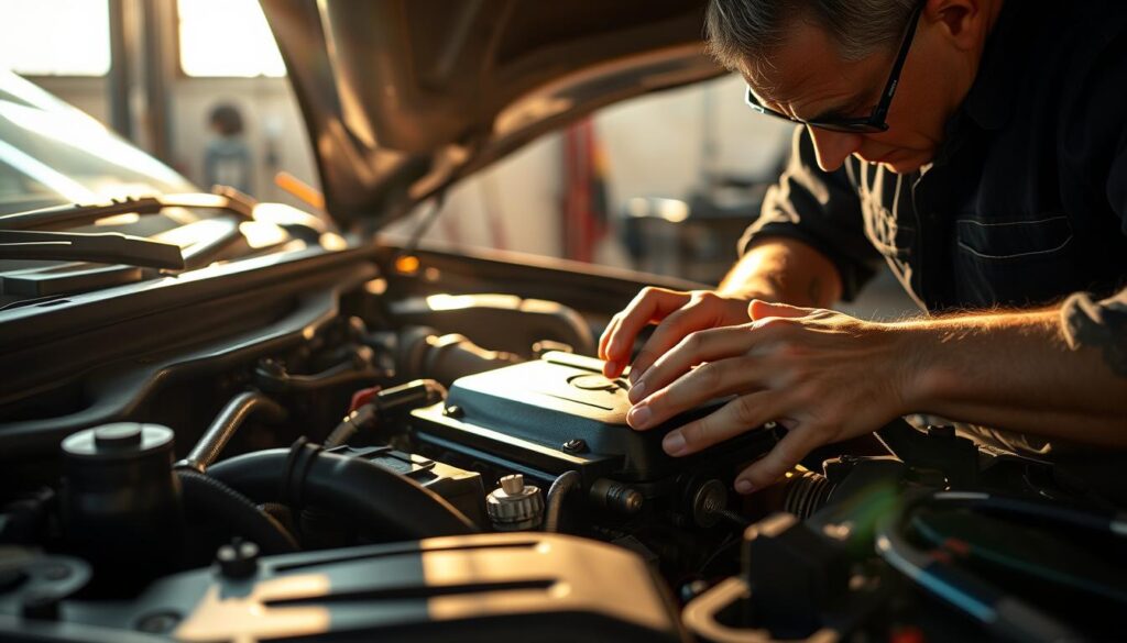 a close-up view of a mechanic's hands working on a car engine, focused on repairing an overheating issue, with warm sunlight filtering in through the open hood, casting dramatic shadows, showcasing the complex mechanics and intricate details of the engine components, the mechanic's tools neatly arranged on a workbench nearby, the facial features obscured to maintain privacy