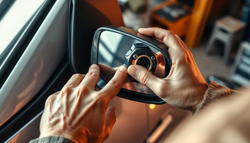 a close-up view of a person's hands carefully installing a replacement side mirror on a car door, the side of the car body visible in the background, the new mirror housing being aligned and secured with screws, a toolbox and mirror installation kit on a surface nearby, warm lighting illuminating the scene, creating a sense of focus and attention to detail a close-up view of a person's hands carefully installing a replacement side mirror on a car door, the side of the car body visible in the background, the new mirror housing being aligned and secured with screws, a toolbox and mirror installation kit on a surface nearby, warm lighting illuminating the scene, creating a sense of focus and attention to detail