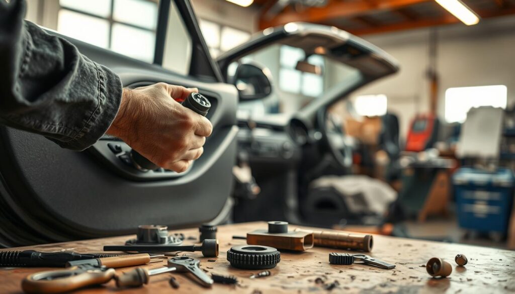 a close-up view of a person's hands working on a car's power window mechanism, with tools and parts visible on a workshop table in the foreground, a partially disassembled door panel in the middle ground, and a car interior visible in the background, all under bright, warm studio lighting, with a focus on the intricate details of the repair process.