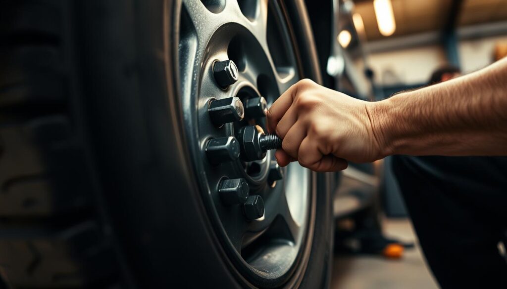 a close-up view of someone's hands unscrewing the lug nuts on a car tire, using a tire iron tool, with the tire partially removed and revealing the wheel well in the foreground, a blurred background of a garage or workshop, warm lighting casting soft shadows, shot from a low angle to emphasize the action, the person's face and upper body obscured to avoid any visual identifiers a close-up view of someone's hands unscrewing the lug nuts on a car tire, using a tire iron tool, with the tire partially removed and revealing the wheel well in the foreground, a blurred background of a garage or workshop, warm lighting casting soft shadows, shot from a low angle to emphasize the action, the person's face and upper body obscured to avoid any visual identifiers