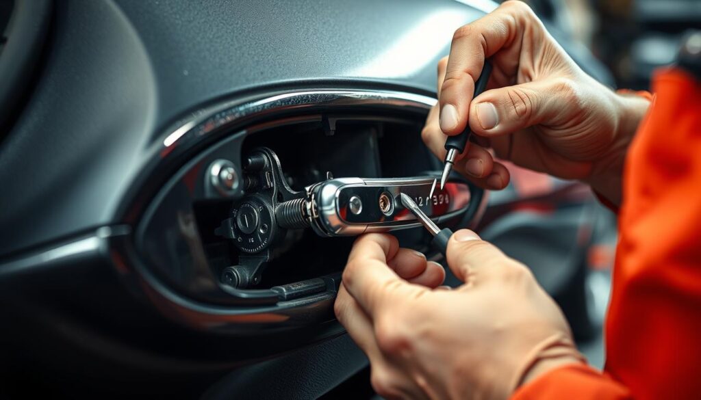 a detailed close-up of a car door handle mechanism, with the door panel removed to reveal the internal components. The handle is broken or damaged, and a mechanic's hands are visible, holding various tools and examining the mechanism. The lighting is bright and directional, highlighting the intricate details of the metal and plastic parts. The background is out of focus, but suggests a professional automotive repair workshop setting. The overall mood is one of careful inspection and problem-solving, conveying the expertise required to properly repair a malfunctioning car door handle.