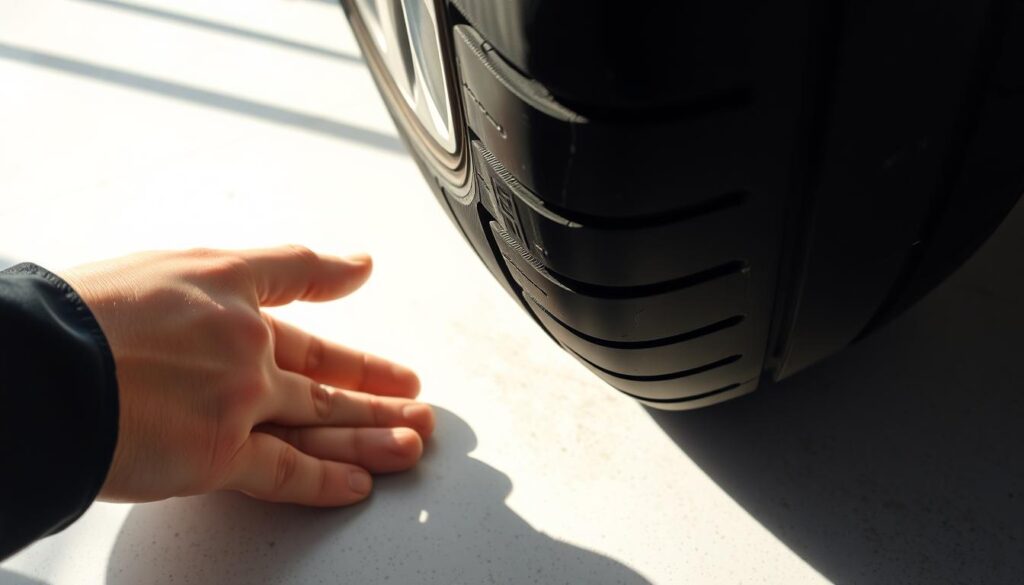 a detailed close-up of a car tire being inspected, showing the tread, sidewall, and any visible damage or wear. The tire is positioned on a clean, well-lit surface, with a professional-looking mechanic's hand examining it closely. The lighting is natural and bright, casting subtle shadows that highlight the tire's texture and contours. The camera angle is slightly low, putting the viewer at eye level with the tire, creating a sense of focus and attention to detail. The overall mood is one of careful, methodical inspection, conveying the importance of thoroughly evaluating the tire's condition. a detailed close-up of a car tire being inspected, showing the tread, sidewall, and any visible damage or wear. The tire is positioned on a clean, well-lit surface, with a professional-looking mechanic's hand examining it closely. The lighting is natural and bright, casting subtle shadows that highlight the tire's texture and contours. The camera angle is slightly low, putting the viewer at eye level with the tire, creating a sense of focus and attention to detail. The overall mood is one of careful, methodical inspection, conveying the importance of thoroughly evaluating the tire's condition.