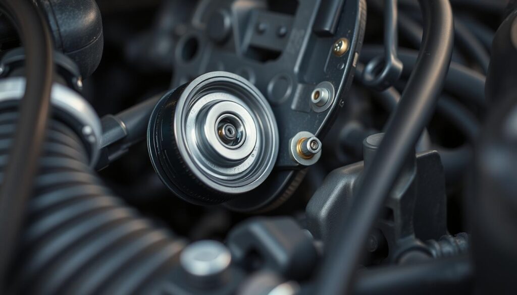a detailed close-up view of a car's serpentine belt tensioner, captured in sharp focus with natural lighting and a shallow depth of field. the tensioner mechanism is prominently featured, with its pulley, spring, and adjustment bolt visible. the surrounding engine components are slightly blurred, drawing the viewer's attention to the tensioner. the overall scene conveys a sense of careful inspection, as if the viewer is examining the tensioner for signs of wear or damage. the image is clean, uncluttered, and free of any text or overlays, allowing the technical details of the tensioner to be the sole focus.