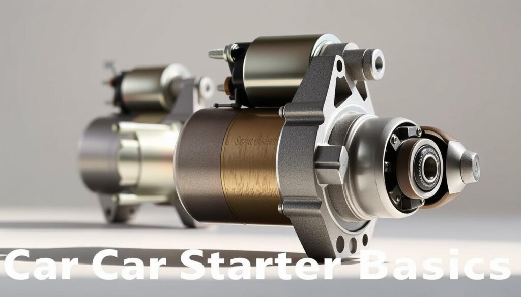 a detailed, realistic rendering of a car starter motor, showing its internal components in a well-lit, close-up view from multiple angles. the starter motor should be prominently featured in the foreground, with a clean, neutral background that allows the mechanical details to stand out. the image should convey a sense of technical precision and engineering, with a focus on the starter's key functional elements like the solenoid, armature, and gear. the lighting should be natural and directional, creating defined shadows and highlights to emphasize the starter's intricate structure. the overall mood should be informative and educational, suitable for illustrating a section on "Understanding Car Starter Basics".