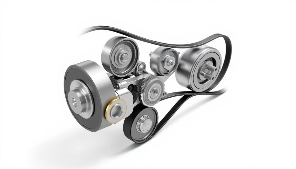 a high-quality, detailed, technical diagram of a serpentine belt system, showcasing the various components and their layout. The diagram should be rendered in a clean, technical style with a neutral color palette, emphasizing the mechanical nature of the subject. The perspective should be a side view, allowing the viewer to clearly see the arrangement of the pulleys, tensioner, and the serpentine belt itself. The lighting should be bright and even, creating clear shadows and highlights to enhance the three-dimensional appearance of the components. The background should be a plain, light-colored surface to ensure the diagram is the focal point. The overall mood should convey a sense of precision, functionality, and clarity to help the viewer understand the common mistakes to avoid when replacing a car's serpentine belt.