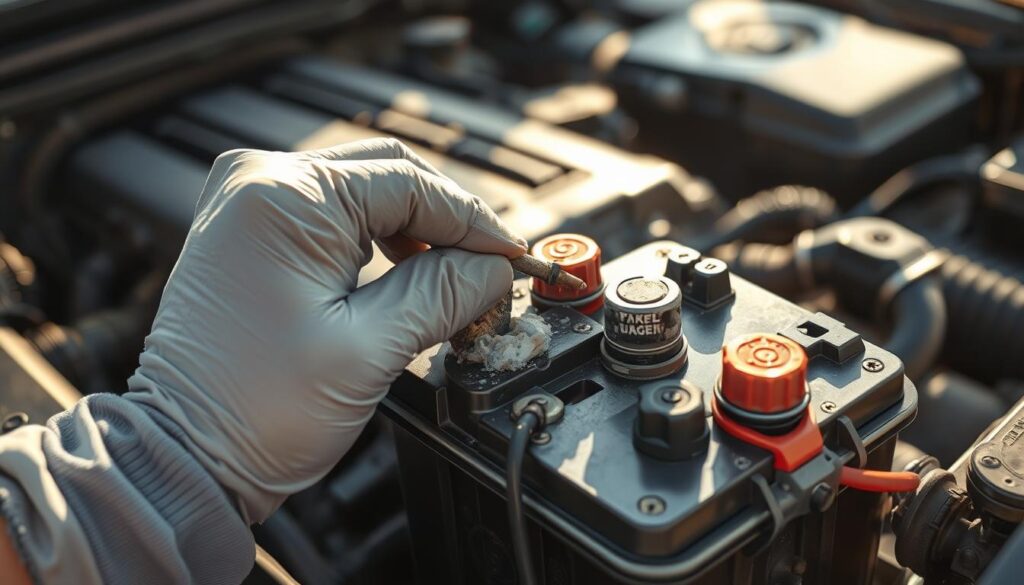a high-resolution photograph of a person's hands closely examining and cleaning the corroded battery terminals of a car engine, with the engine and surrounding area clearly visible in the background. the person is wearing protective gloves and the lighting is bright and natural, creating a warm and focused atmosphere. the image conveys a sense of care, attention to detail, and the importance of proper car battery maintenance.