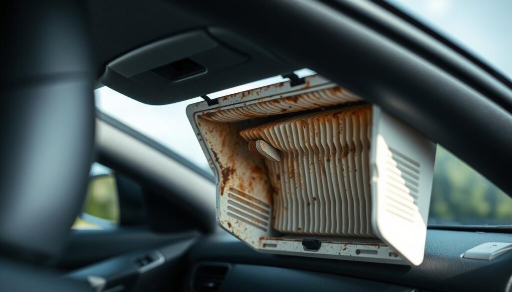 a highly detailed and realistic image of a well-lit and clean car interior, featuring a close-up view of the cabin air filter compartment with the filter removed, revealing visible signs of wear and tear such as dirt, debris, and discoloration. The image should be shot from a slightly elevated angle, providing a clear and informative perspective of the filter housing and the surrounding area. The lighting should be natural and bright, creating a sense of clarity and emphasizing the important visual cues. The background should be minimal, allowing the viewer to focus on the main subject matter.