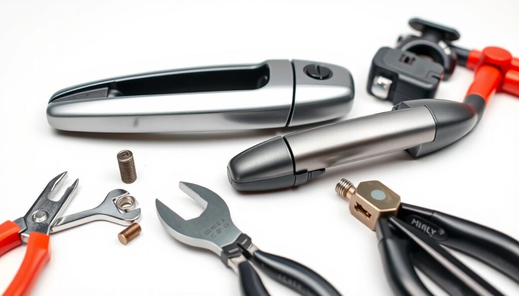 a highly detailed close-up photograph of a set of car door handles, including a new replacement door handle, tools required for installation such as wrenches and pliers, and the necessary hardware like screws and connectors, all arranged neatly on a clean, well-lit workbench against a plain white background, captured with a professional DSLR camera using natural lighting and a shallow depth of field to emphasize the technical details, conveying a sense of precision and practicality suitable for a DIY guide a highly detailed close-up photograph of a set of car door handles, including a new replacement door handle, tools required for installation such as wrenches and pliers, and the necessary hardware like screws and connectors, all arranged neatly on a clean, well-lit workbench against a plain white background, captured with a professional DSLR camera using natural lighting and a shallow depth of field to emphasize the technical details, conveying a sense of precision and practicality suitable for a DIY guide