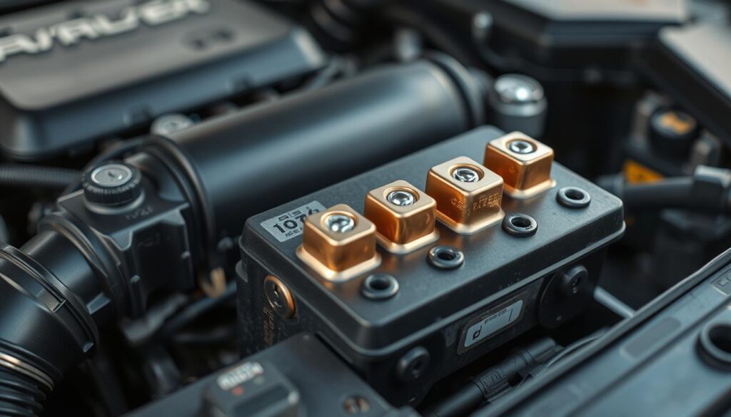 a highly detailed, high-resolution close-up of clean, well-maintained car battery terminals. the terminals are made of shiny, metallic copper or brass, with no visible corrosion or buildup. the terminals are viewed from above, with a neutral, soft lighting that accentuates the smooth, reflective surfaces. the background is slightly blurred, but showcases the car engine bay, with clean engine components visible. the overall mood is one of precision, cleanliness, and attention to detail.
