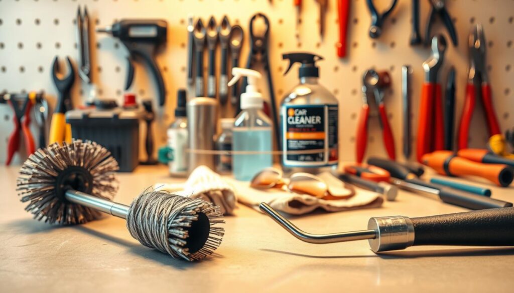 a highly detailed, photorealistic image of a collection of tools and supplies used for cleaning car battery terminals, set against a clean, well-lit workbench surface. In the foreground, a wire brush, steel wool, and a battery terminal cleaning tool with a curved tip are neatly arranged. In the middle ground, a pair of protective gloves, safety goggles, and a clean rag are placed alongside a battery terminal cleaner solution bottle. The background features a selection of other automotive maintenance tools, such as pliers, screwdrivers, and a torque wrench, all arranged in an organized manner. The lighting is warm and even, creating a clean, professional atmosphere, and the camera angle is slightly elevated to provide a clear, unobstructed view of the scene.