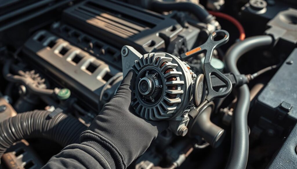a highly detailed, photorealistic image of a person's hands removing the alternator from the engine bay of a car, with the engine and other mechanical components visible in the background. The person is wearing protective gloves and is using tools like wrenches and pliers to carefully disconnect the alternator. The lighting is natural, with shadows and highlights emphasizing the textures and details of the engine components. The camera angle is low, capturing the scene from the perspective of someone working on the car. The overall mood is focused and task-oriented, reflecting the DIY nature of the alternator replacement process. a highly detailed, photorealistic image of a person's hands removing the alternator from the engine bay of a car, with the engine and other mechanical components visible in the background. The person is wearing protective gloves and is using tools like wrenches and pliers to carefully disconnect the alternator. The lighting is natural, with shadows and highlights emphasizing the textures and details of the engine components. The camera angle is low, capturing the scene from the perspective of someone working on the car. The overall mood is focused and task-oriented, reflecting the DIY nature of the alternator replacement process.