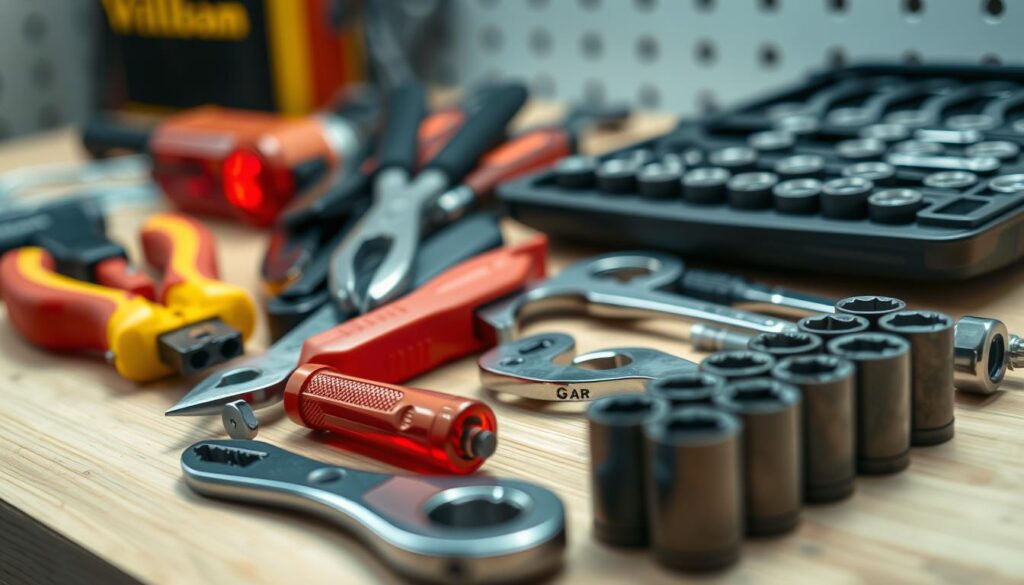a well-lit, close-up still-life image of a variety of car maintenance tools for replacing tail lights, including screwdrivers, pliers, wrenches, and a socket set, arranged neatly on a clean, wooden workbench, with a soft, even lighting that highlights the textures and details of the tools, creating a sense of professionalism and organization suitable for a DIY guide
