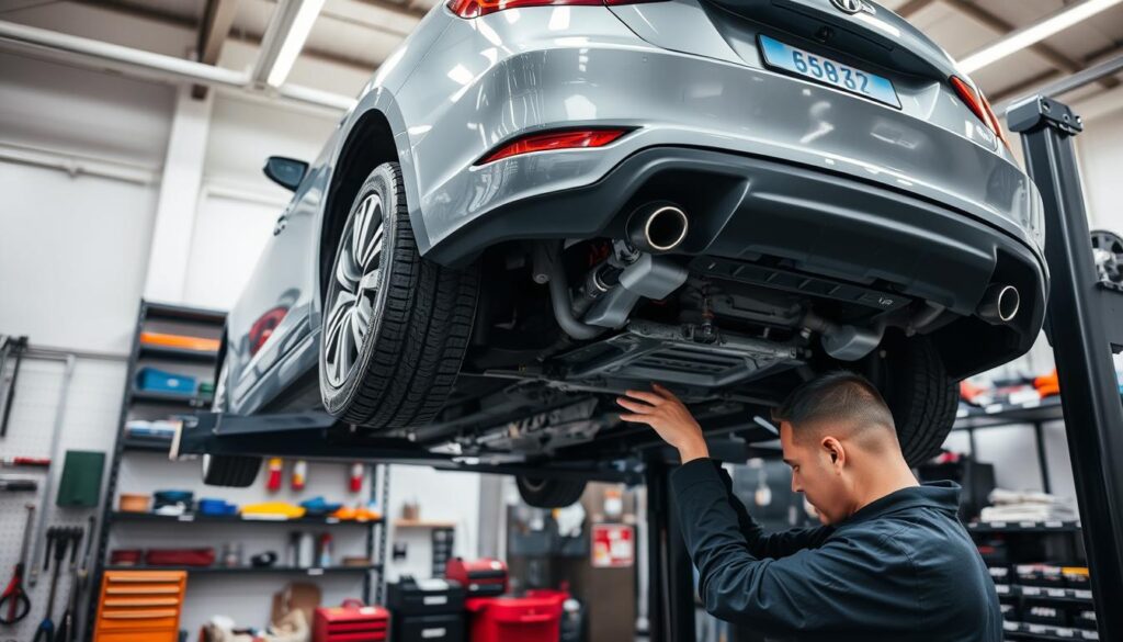 a well-lit, high-angle photograph of a car undergoing seasonal maintenance in a modern auto repair shop. the car is on a lift, surrounded by various automotive tools and supplies. the mechanic, with their face obscured, is inspecting the car's underbody, checking for wear and tear. the background is clean and organized, with shelves of parts and equipment. the lighting is bright and diffuse, creating a sense of clarity and attention to detail. the overall scene conveys the importance of preventive maintenance for vehicle longevity and safety during changing weather conditions.
