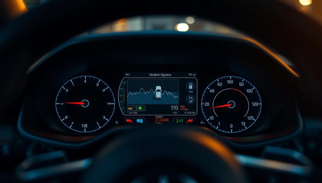 A car dashboard with a focus on the vibration diagnosis display, showcasing various indicators and gauges. The foreground features a detailed digital interface displaying real-time vibration data, including graphs, numerical readings, and visual alerts. The middle ground shows the steering wheel and part of the car's interior, conveying a sense of the driver's perspective. The background is slightly blurred, emphasizing the technical nature of the image, with a muted color palette reflecting the seriousness of the diagnostic process. The lighting is subtle, casting a warm, ambient glow to create a professional, automotive atmosphere. The image should not include any visible human elements, with the eyes intentionally obscured or hidden.