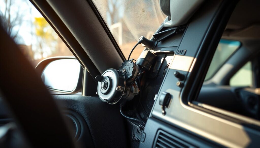 A car dashboard with a partially disassembled door panel, revealing the inner mechanisms of the window motor and regulator. The scene is well-lit, with natural light filtering through the open window, casting warm tones and subtle shadows. The focus is on the intricate components, showcasing the technical details of the window motor and the complexity of the repair process. The atmosphere conveys a sense of precision and careful attention to detail, as if the viewer is about to embark on the delicate task of window motor replacement.