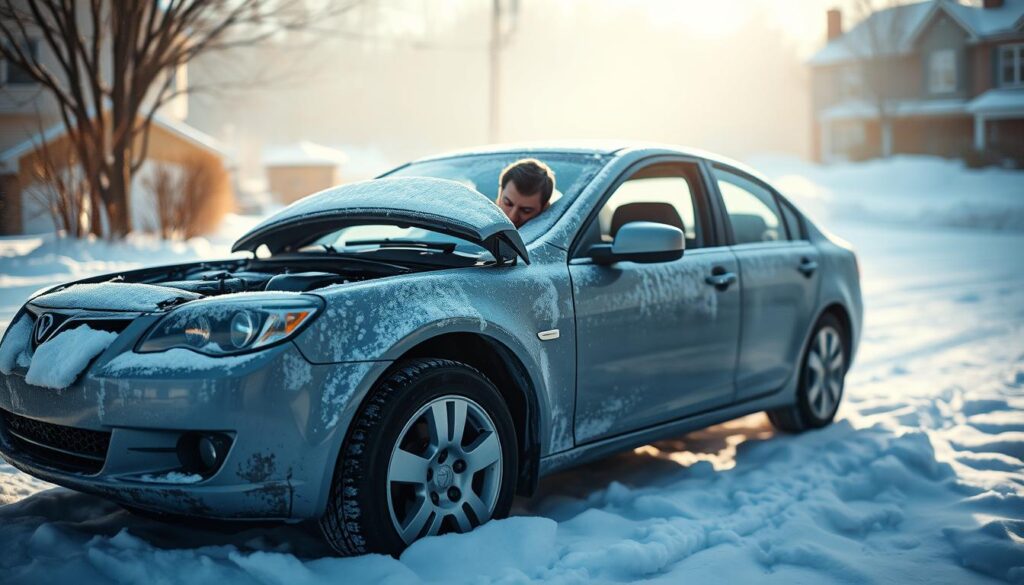 A car parked in a snowy driveway, its hood slightly open, the driver peering into the engine compartment with a concerned expression, their face obscured. The scene is lit by a soft, diffused light, casting long shadows across the fresh snow. The car's body is coated in a light dusting of frost, emphasizing the chill of the winter air. The background is blurred, but suggests a residential neighborhood, with bare trees and the distant silhouette of a house. The overall mood is one of frustration and determination, as the driver tries to troubleshoot the engine's failure to start in the cold.