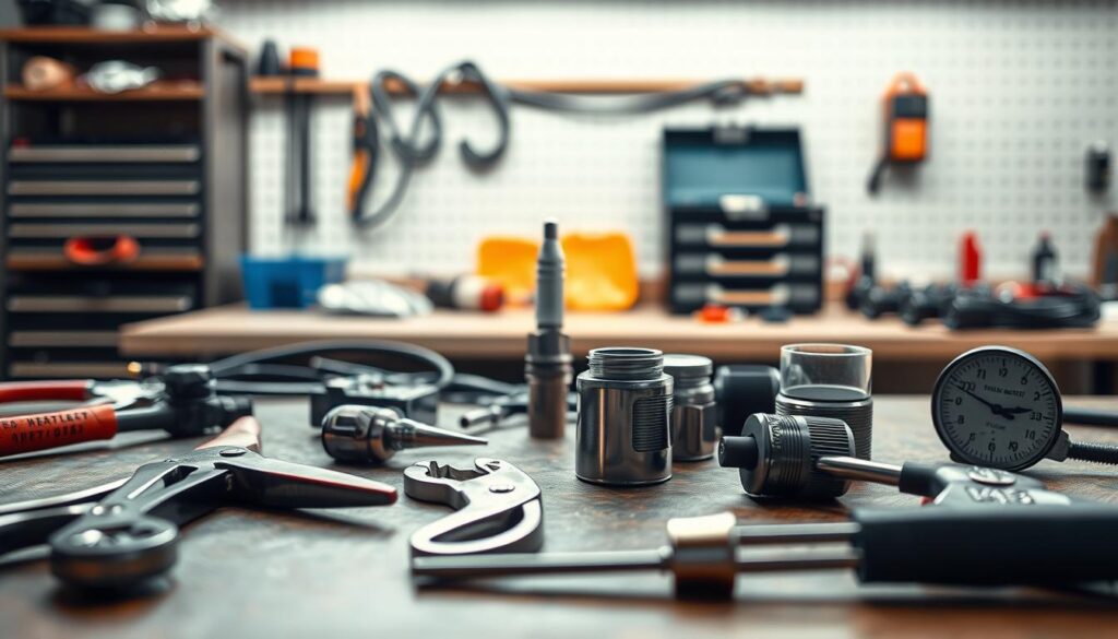 A clean, well-lit workshop setting with a table showcasing an assortment of spark plug wire replacement tools. In the foreground, a set of pliers, wire cutters, and a spark plug socket wrench are neatly arranged. The middle ground features a spark plug wire removal tool and a spark plug gap gauge. In the background, a toolbox and a clean, uncluttered workbench create a professional, organized atmosphere. The lighting is warm and directional, casting soft shadows and highlighting the metallic textures of the tools. The camera angle is slightly elevated, providing a clear, unobstructed view of the subject matter.