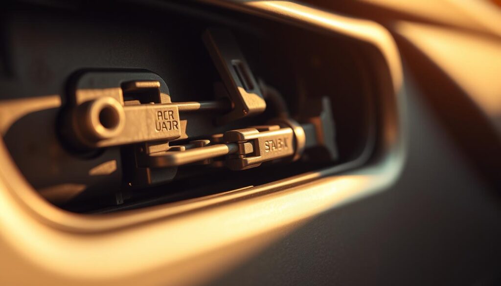 A close-up of a car door latch mechanism, with the latch components and mechanism clearly visible. The latch is in a semi-open position, exposing the internal moving parts. Soft, warm lighting illuminates the scene, casting subtle shadows that accentuate the textures and contours of the metal surfaces. The image is captured at a medium camera angle, providing a detailed and technical view of the latch assembly. The background is slightly blurred, keeping the focus on the lubrication process at hand. The overall mood is one of practical, hands-on DIY maintenance, inviting the viewer to closely inspect and understand the inner workings of a car door latch.