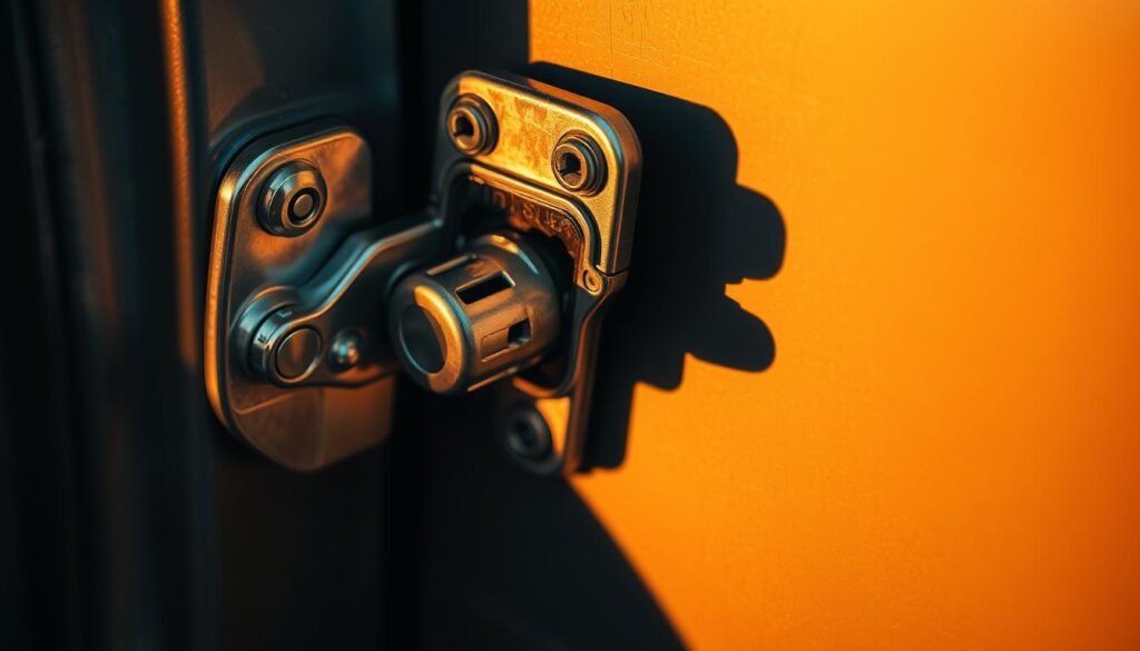 A close-up shot of a car door latch mechanism in pristine condition, illuminated by warm, directional lighting that casts dramatic shadows. The intricate metal components, including the latch itself, the striker plate, and the release lever, are meticulously detailed, showcasing their precise engineering and functionality. The image conveys a sense of care and attention to maintenance, with a polished, well-kept appearance that suggests the door's longevity and reliable operation. The background is blurred, keeping the focus on the latch's inner workings and emphasizing its importance in the overall door system.