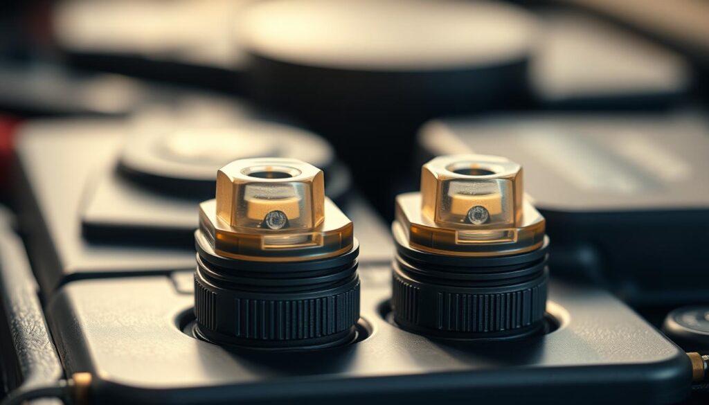 A close-up shot of a set of battery terminal protectors, illuminated by soft, diffused lighting. The protectors are made of thick, durable plastic, with intricate ribbed textures and a matte finish. They are positioned in the foreground, with a blurred background of a car battery or engine components. The lighting creates subtle shadows and highlights, accentuating the shapes and details of the protectors. The overall scene conveys a sense of technical precision and the importance of these components in maintaining a well-functioning car battery.