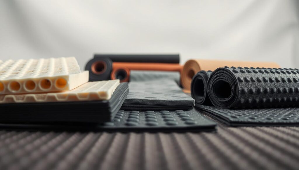A close-up shot of various automotive sound dampening materials in a well-lit studio setting. In the foreground, a selection of open-cell foam sheets, mass-loaded vinyl, and butyl-based damping mats, their textures and patterns clearly visible. In the middle ground, a few rolls of these materials in different colors and thicknesses, showcasing their versatility. The background features a subtle, softly blurred backdrop, allowing the materials to take center stage. The lighting is crisp and natural, highlighting the materials' properties and their potential to reduce cabin noise and vibration in a DIY car soundproofing project.