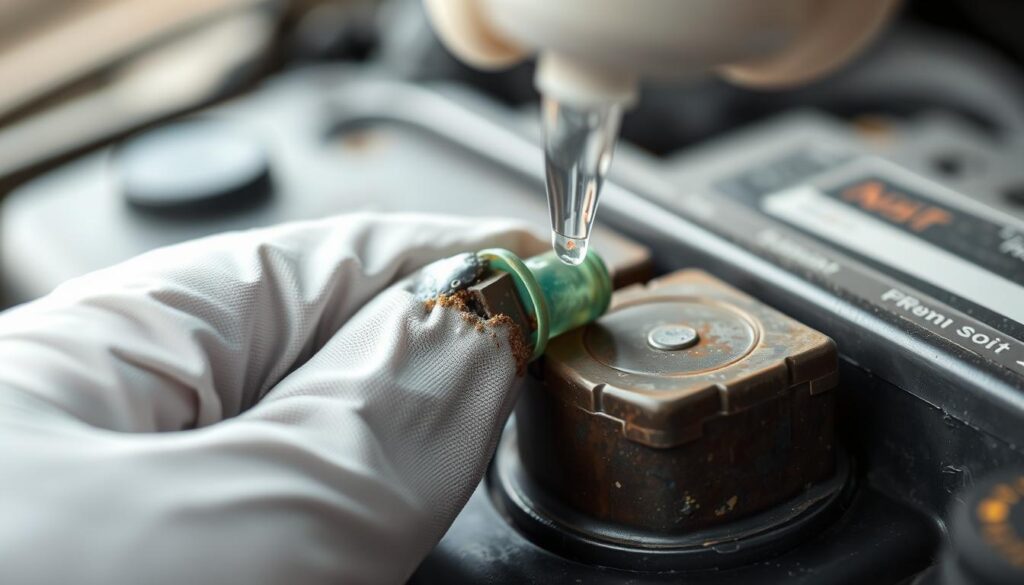 A close-up view of a car battery terminal, captured with a macro lens in soft, natural lighting. The terminal is partially corroded, with a greenish-blue buildup around the connection point. In the foreground, a hand wearing protective gloves gently applies a chemical solution to the affected area, working to dissolve and remove the corrosion. The background is blurred, creating a sense of focus on the delicate cleaning process. The image conveys a sense of care and attention to detail, with the goal of preventing further damage and ensuring a reliable electrical connection.