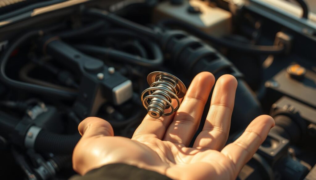 A close-up view of a car engine bay, with a car thermostat in the foreground, surrounded by hoses, wires, and other engine components. The thermostat is being held in the hand of a mechanic, who is carefully examining it. The lighting is warm and natural, casting subtle shadows that add depth and realism to the scene. The camera angle is slightly tilted, providing a slightly elevated perspective that showcases the intricate details of the engine components. The overall mood is one of focused, hands-on work, with a sense of expertise and attention to detail.