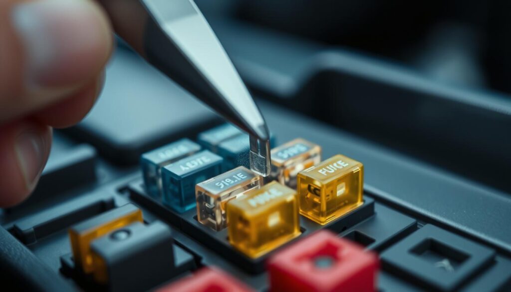 A close-up view of a car fuse box with the cover removed, revealing the individual fuse slots. The camera angle is positioned at eye level, capturing the fuse being gently grasped with a pair of tweezers and carefully lifted out of its slot. The lighting is bright and evenly distributed, providing clear visibility of the intricate details of the fuse and the surrounding components. The background is slightly blurred, keeping the focus on the central action of the fuse replacement process. The overall mood is one of precision, care, and attention to detail, reflecting the importance of properly maintaining a vehicle's electrical system.