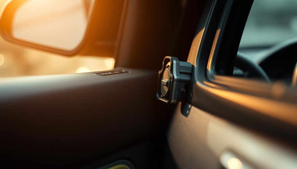 A close-up view of a car's interior, with the focus on the door panel and the window motor assembly. The window motor is partially exposed, showcasing its intricate mechanism and wiring. The lighting is soft and diffused, creating a warm, diagnostic atmosphere. The angle is slightly tilted, providing a detailed perspective of the component. The background is blurred, emphasizing the subject matter. The mood is one of attentive problem-solving, with a sense of technical expertise and attention to detail.