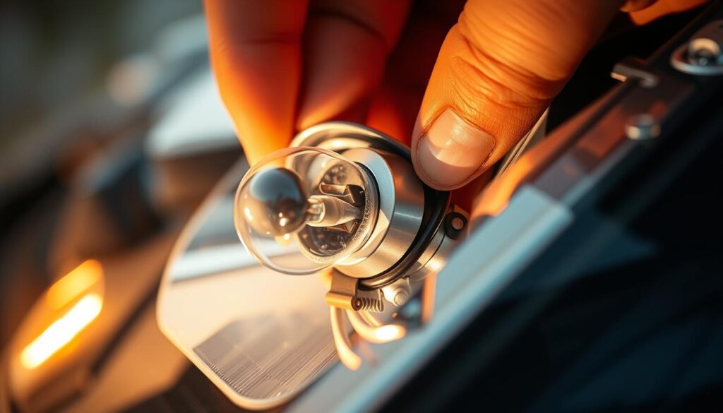 A close-up view of a person's hands carefully installing a new car headlight bulb. The bulb's glass dome and metallic base are prominently featured, along with the surrounding housing and wiring. Soft, warm lighting illuminates the scene, casting gentle shadows and highlights that accentuate the intricate details. The background is blurred, keeping the focus on the task at hand. The overall mood is one of precision and concentration, with a sense of care and attention to detail.