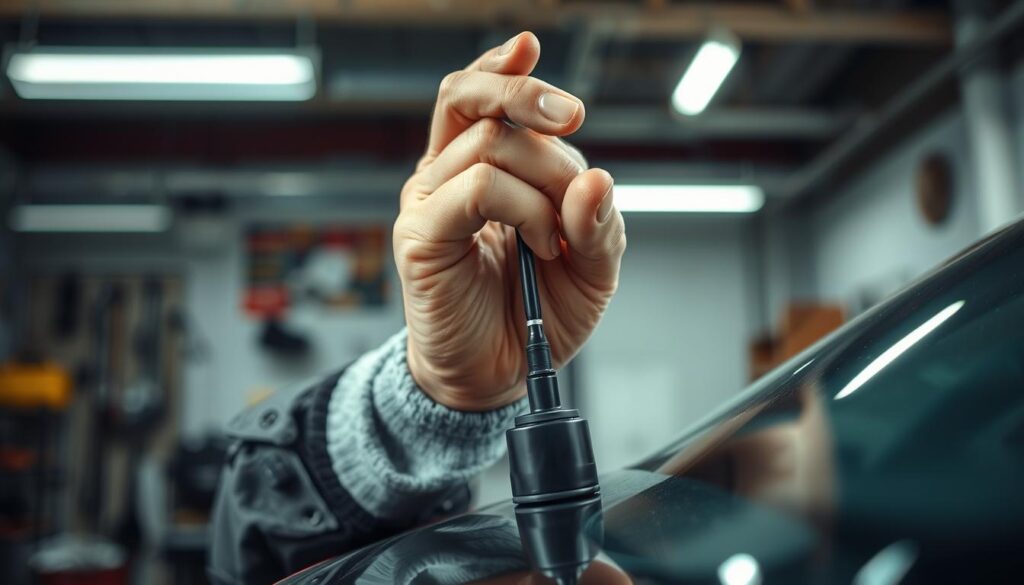 A close-up view of a person's hands carefully replacing a broken car antenna, with a focused and safety-conscious expression on their face. The background shows a garage or workshop setting, with tools and equipment visible, conveying a sense of technical precision and attention to detail. The lighting is bright and even, illuminating the delicate process. The overall mood is one of caution and diligence, highlighting the importance of proper safety measures when undertaking this type of repair.
