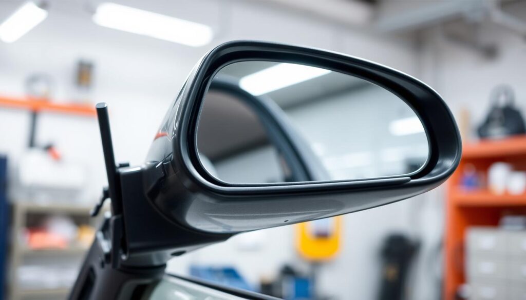 A close-up view of a side-view car mirror, showcasing the intricate process of its removal. The mirror is seen in the center of the frame, surrounded by a clean, well-lit workspace. The background is slightly blurred, emphasizing the focal point. The lighting is soft and diffused, creating a sense of depth and a professional atmosphere. The camera angle is slightly elevated, providing a clear view of the mirror and the surrounding components. The mirror's bezel is visible, along with the mounting hardware and any necessary tools required for the replacement process. The overall composition conveys a step-by-step tutorial on how to safely and effectively remove a damaged side mirror. A close-up view of a side-view car mirror, showcasing the intricate process of its removal. The mirror is seen in the center of the frame, surrounded by a clean, well-lit workspace. The background is slightly blurred, emphasizing the focal point. The lighting is soft and diffused, creating a sense of depth and a professional atmosphere. The camera angle is slightly elevated, providing a clear view of the mirror and the surrounding components. The mirror's bezel is visible, along with the mounting hardware and any necessary tools required for the replacement process. The overall composition conveys a step-by-step tutorial on how to safely and effectively remove a damaged side mirror.