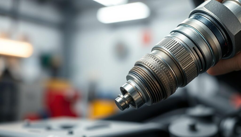 A close-up view of a spark plug wire upgrade, showcased against a clean, well-lit automotive workshop background. The wire's shiny, high-quality casing is prominently displayed, with its intricate textures and vibrant color accentuated by soft, directional lighting. The wire is positioned at a slight angle, creating a sense of depth and highlighting its three-dimensional form. The background is blurred, placing the focus entirely on the wire and creating a professional, technical atmosphere. The overall composition conveys a sense of precision, quality, and attention to detail, reflecting the care and expertise required for a successful spark plug wire replacement.
