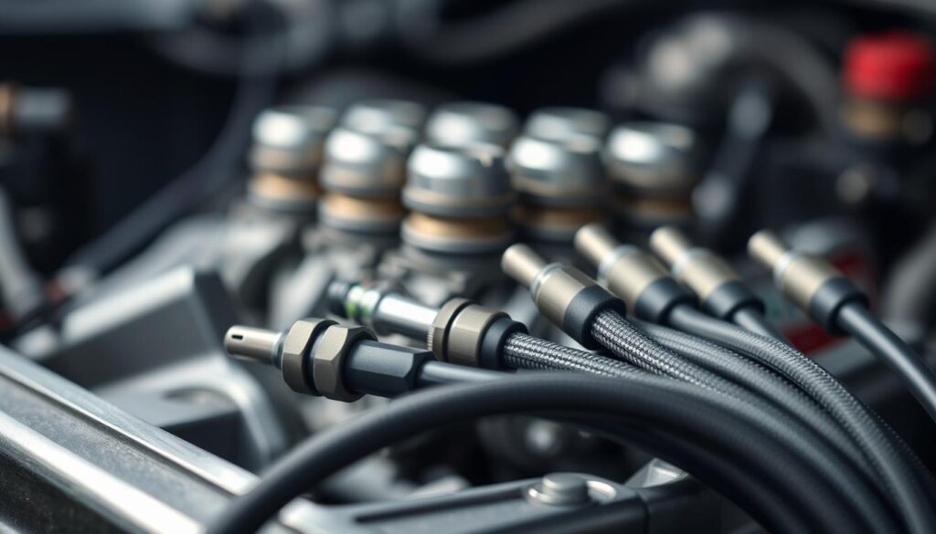 A close-up view of high-quality spark plug wires, showcasing their construction and design. The wires should appear in the foreground, with a soft, even lighting that highlights their texture and materials. The middle ground could feature a detailed engine block or other automotive components, providing context and visual interest. The background should be blurred, creating a sense of depth and focus on the primary subject. The overall mood should convey a sense of precision, quality, and technical expertise, fitting the "Choosing the Right Spark Plug Wires" section of the article.