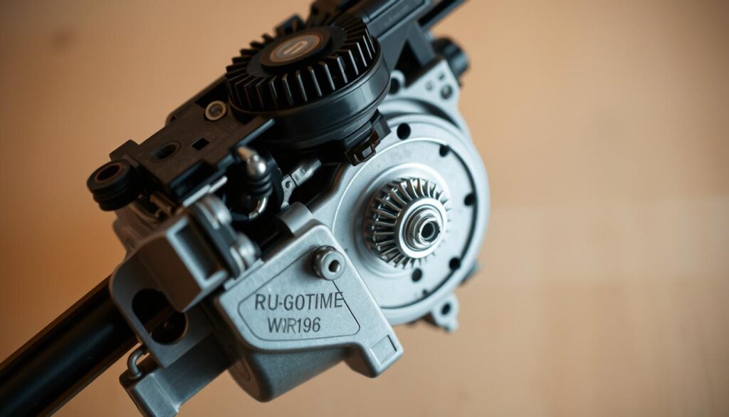 A close-up view of the internal components of a windshield wiper motor, showcasing its intricate design and the potential areas that may require maintenance. The motor is disassembled, with the brushes, armature, and gears visible, bathed in a warm, soft lighting that highlights the mechanical details. The background is a clean, neutral workspace, allowing the focus to remain on the motor itself. The overall mood is one of technical precision and the need for careful inspection and repair to ensure the wiper system's proper functioning.