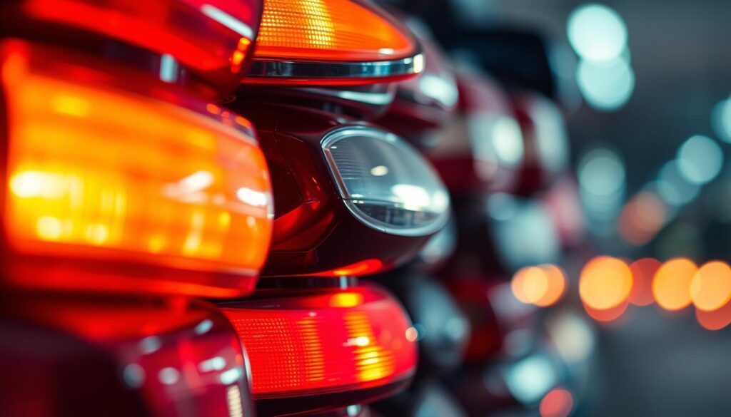 A closeup view of a stack of recycled car tail lights, each with a distinct shape and color, arranged in a visually appealing pattern. The lights are illuminated from behind, casting a warm, inviting glow and highlighting their intricate designs. The background is blurred, maintaining the focus on the textures and details of the tail lights. The lighting is soft and diffused, creating a serene and contemplative atmosphere. The overall composition conveys the idea of repurposing and recycling automotive parts to reduce waste and environmental impact.