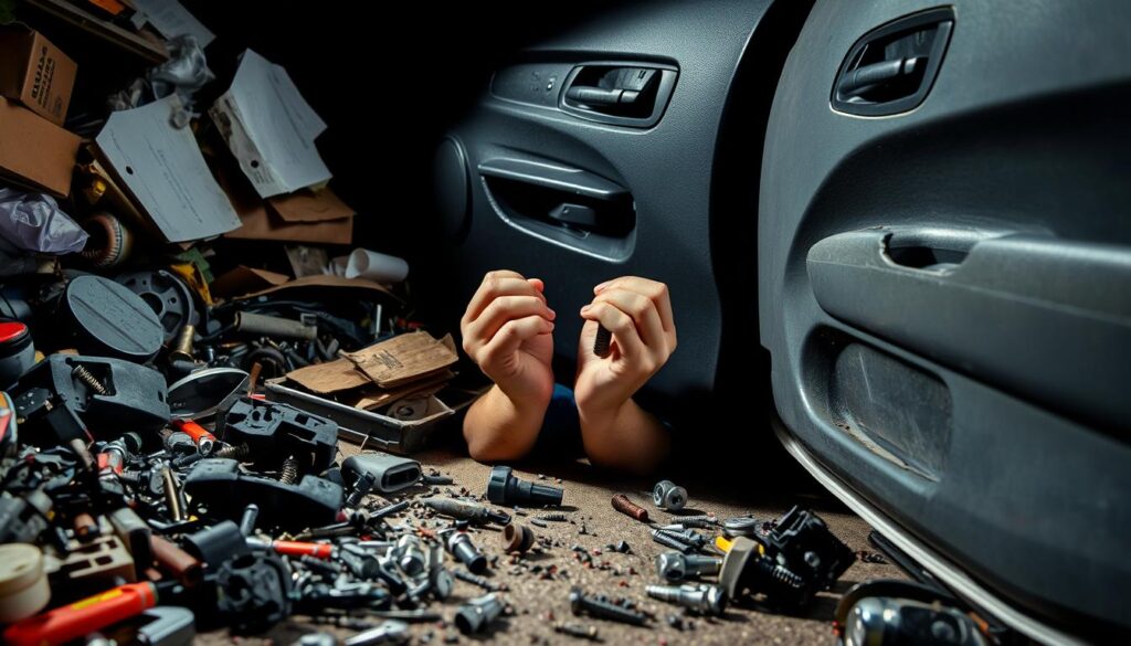 A cluttered workspace with various car door handle components strewn about - broken parts, screws, and tools. The foreground shows a partially disassembled door panel, revealing the inner workings. In the middle ground, a pair of hands attempting to reinstall the handle, but they appear clumsy and unsure. The background is dimly lit, with shadows cast across the scene, creating a sense of frustration and mistakes. The lighting is harsh, with harsh shadows and highlights emphasizing the DIY nature of the repair. The camera angle is slightly low, giving a sense of the challenge and difficulty of the task. Overall, the image conveys the common pitfalls and mistakes that can occur during a DIY car door handle repair. A cluttered workspace with various car door handle components strewn about - broken parts, screws, and tools. The foreground shows a partially disassembled door panel, revealing the inner workings. In the middle ground, a pair of hands attempting to reinstall the handle, but they appear clumsy and unsure. The background is dimly lit, with shadows cast across the scene, creating a sense of frustration and mistakes. The lighting is harsh, with harsh shadows and highlights emphasizing the DIY nature of the repair. The camera angle is slightly low, giving a sense of the challenge and difficulty of the task. Overall, the image conveys the common pitfalls and mistakes that can occur during a DIY car door handle repair.