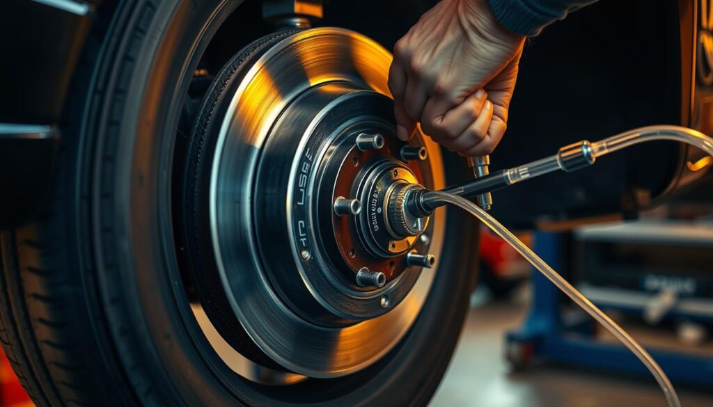 A detailed automotive workshop scene, with a car's front wheels and brakes prominently displayed. The mechanic's hands are visible, performing the brake bleeding procedure - removing air bubbles from the hydraulic system. The tools used, such as a brake bleeder wrench and clear tubing, are clearly visible. The lighting is warm and focused, creating a sense of expertise and precision. The background is slightly blurred, emphasizing the foreground action. The overall atmosphere conveys the technical know-how and methodical approach required for this maintenance task.