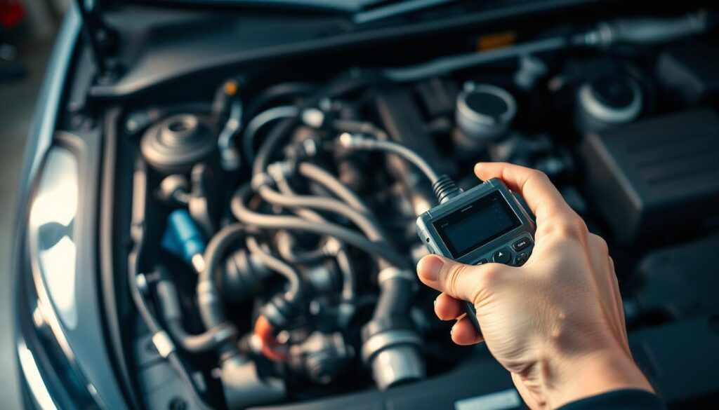 A detailed car engine bay, illuminated by a soft directional light from the left, revealing the various components and systems. The engine is disassembled, with wires, hoses, and metal parts visible, showcasing the intricate workings that could be the source of vibrations. In the foreground, a mechanic's hand holds a diagnostic tool, ready to analyze the vehicle's issue. The background is slightly blurred, emphasizing the focus on the engine and the diagnostic process. The overall mood is one of technical expertise and problem-solving, capturing the essence of diagnosing car vibrations.