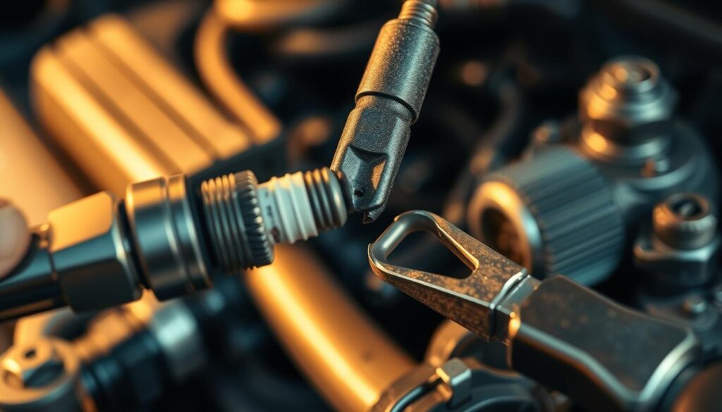 A detailed close-up of a spark plug wire repair, showcasing the various components and tools required for the task. The foreground features the spark plug wire itself, its connectors, and the tools used to remove and replace it, such as pliers and a spark plug socket. The middle ground depicts the engine bay, with subtle shadows and highlights to create depth and a sense of realism. The background is slightly blurred, focusing the viewer's attention on the repair process. The lighting is warm and natural, casting soft shadows and creating a sense of depth and dimension. The overall mood is one of technical precision and attention to detail, reflecting the careful nature of the repair work.