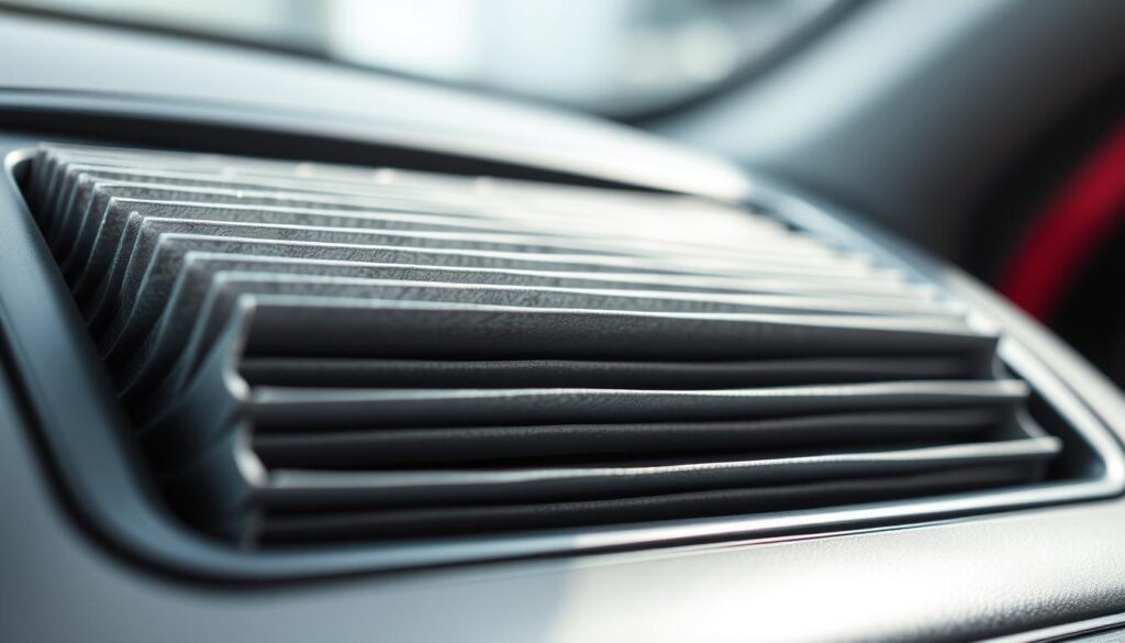 A detailed close-up photograph of a car's cabin air filter, positioned prominently in the center of the frame. The filter is made of pleated paper material, with a distinct grid-like pattern. The lighting is crisp and bright, revealing the intricate texture and subtle shades of gray. The background is blurred, creating a sense of depth and focus on the filter. The composition highlights the importance of this component in maintaining a car's air conditioning system. The overall mood is one of technical precision and attention to detail, suitable for illustrating the section on "Cleaning or Replacing the AC Filter" in the article.