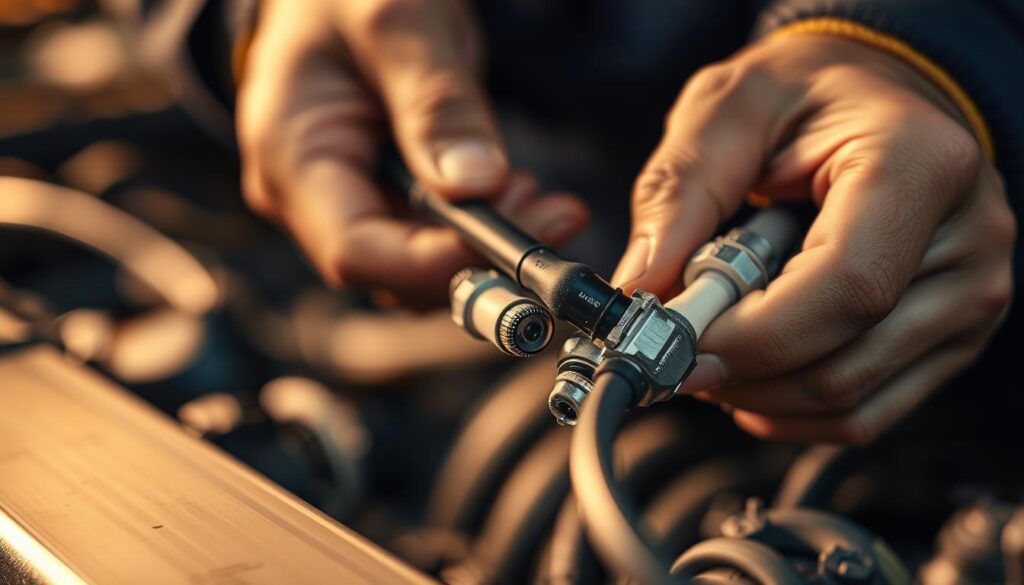 A detailed closeup view of a mechanic's hands carefully inspecting and maintaining a set of spark plug wires. The wires are shown in the foreground, with a soft focus on the intricate details of the insulation, connectors, and metal contacts. The background is blurred, creating a sense of depth and focus on the task at hand. Warm, directional lighting highlights the textures and shadows, conveying the care and precision required for this maintenance procedure. The hands are visible but the face is obscured, emphasizing the technical aspects of the task.