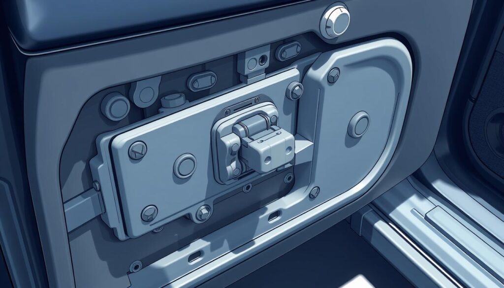 A detailed, high-resolution image of a car door latch mechanism, showcased in a well-lit, technical illustration. The latch is the focal point, surrounded by the door's internal structure, hinges, and hardware, all captured from a slightly elevated angle to provide a comprehensive view. The lighting is bright and directional, casting subtle shadows that accentuate the mechanical components. The overall mood is one of precision and functionality, suitable for a DIY repair guide.